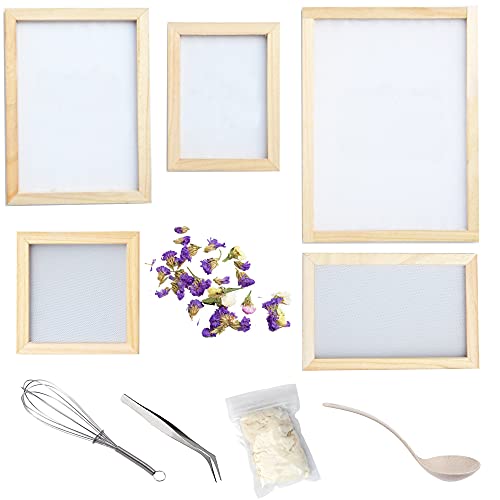 Cayway 11 Pack Paper Making Screen Kit Include 5 PCS Wooden Paper Making Mold Frame, Dried Flowers, Replace Mesh Cloth, Spoon Stirrer and Tweezers Cayway