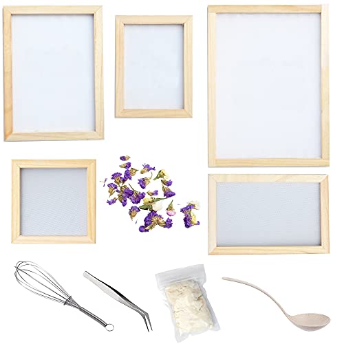 Cayway 11 Pack Paper Making Screen Kit Include 5 PCS Wooden Paper Making Mold Frame, Dried Flowers, Replace Mesh Cloth, Spoon Stirrer and Tweezers