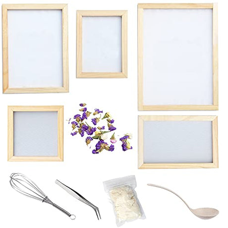 Cayway 11 Pack Paper Making Screen Kit Include 5 PCS Wooden Paper Making Mold Frame, Dried Flowers, Replace Mesh Cloth, Spoon Stirrer and Tweezers Cayway