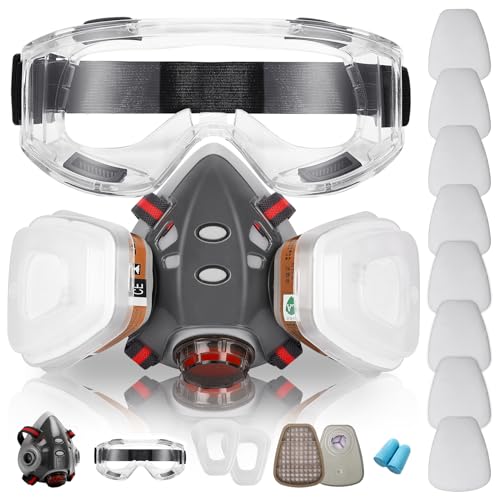 Respirator Mask with Filters - Reusable Half Face Cover with Safety Glasses Professional Breathing Protection Against Gas/Organic Vapor/Painting/Chemical/Perfect for Epoxy Resin, Sanding, Paint Work
