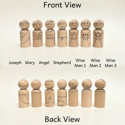 Christmas Peg Doll and Animal Nativity Set - Mary, Joseph, Angel, Shepherd, 3 Wise Men - Camel, Cow, Donkey, Sheep - DIY Color Your Own Wood Craft - Pegsies