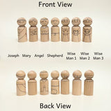 Christmas Peg Doll and Animal Nativity Set - Mary, Joseph, Angel, Shepherd, 3 Wise Men - Camel, Cow, Donkey, Sheep - DIY Color Your Own Wood Craft - Pegsies