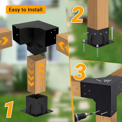 Neorexon Pergola Bracket Kit Elevated Wood Stand Kit Woodwork for 4 "x 4" (Actual 3.6 X 3.6 inch), Wooden Gazebo Kit for Outdoor 3 Way Right Angle - WoodArtSupply