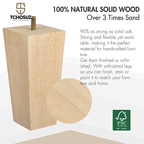 4 Inch / 10 cm Wooden Furniture Legs, Tchosuz Set of 4 Solid Wood Mid-Century Modern Pyramid Replacement Feets with 5/16 inch Bolt & Rubber Floor WoodArtSupply
