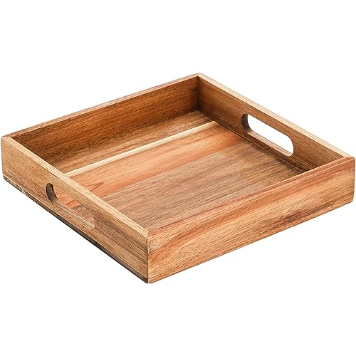 YOUEON Set of 2 Acacia Wood Serving Tray with Handles, 10x10x2 Inch Decorative Serving Trays, Ottoman Tray, Coffee Table Tra2y, Square Wood Tray for Youeon