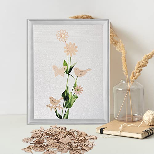 Happyyami 100pcs Unfinished Wood Cutouts Wooden Flower Butterfly Bird Embellishments Table Confetti Rustic Wedding Decorations DIY Wood Craft Happyyami
