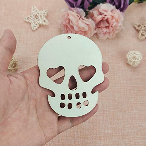 Creaides 20pcs Halloween Skull Wood DIY Crafts Cutouts Wooden Skull Shaped Hanging Ornaments with Hole Hemp Ropes Gift Tags for DIY Projects