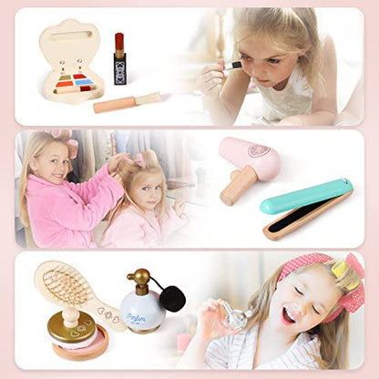 Kids Makeup Kit for Girl Wooden Make-up Toy Set for Toddlers Pretend Play Salon Toys Set for Kid Children Princess Birthday Gift Montessori Travel - WoodArtSupply