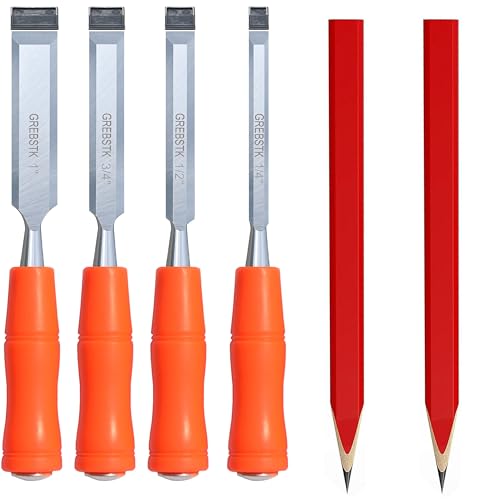 GREBSTK 4 Piece Wood Chisel Tool Sets Sturdy Chrome Vanadium Steel Chisel Woodworking Tools with Leather Bag, 4PCS, 1/4 inch,1/2 inch,3/4 inch,1 inch GREBSTK