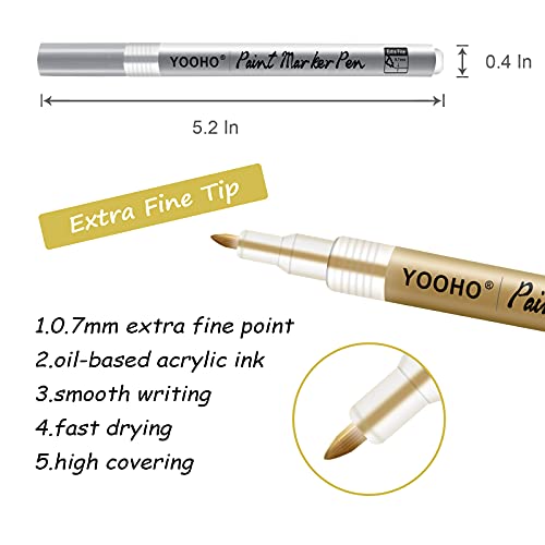 YOOHO Paint Pen Gold Silver Metallic Permanent Acrylic Markers Set for Fabric Glass Rock Wooden Ceramic Leather Tire Painting, 0.7mm Extra Fine Tip YOOHO