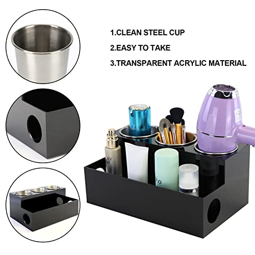 PITBVO Hair Tool Organizer, Black Acrylic Hair Dryer Holder with 3 Cups, Bathroom Supplies Countertop Blow Dryer Holder, Vanity Caddy Storage Stand PITBVO