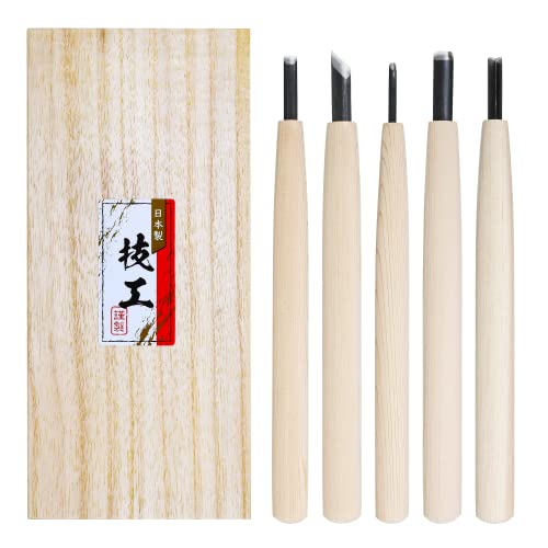 KAKURI Japanese Wood Carving Knife Set (5 Pcs) Made in Japan, Professional Wood Carving Tools for Linoleum Carving, Linocut, Printmaking, AOGAMI Blue KAKURI