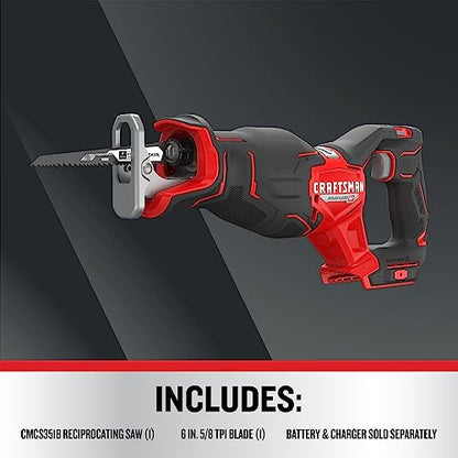 CRAFTSMAN V20 RP Cordless Reciprocating Saw, 3,200 RPM, 8 inch, Bare Tool Only (CMCS351B)