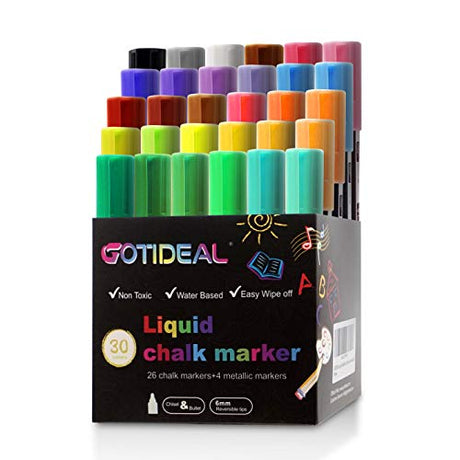 GOTIDEAL Liquid Chalk Markers, 30 colors Premium Window Chalkboard Neon Pens, Including 4 Metallic Colors, Painting and Drawing for Kids and Adults, GOTIDEAL