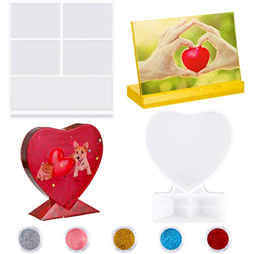 2 Pieces Valentine's Day Photo Frame Resin Molds Rectangle Picture Frame Silicone Mold Heart Shapes Epoxy Mold with 5 Colors Sequins for DIY Home - WoodArtSupply