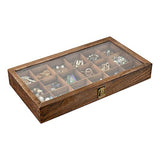 MOOCA Wooden Display Storage Case with Tempered Glass Lid for Jewelry and Beads with 18 Compartments Tray, 15 W x 8 3/8 L x 2 1/8 H in, Brown Color MOOCA