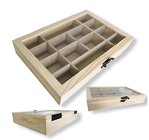 2 Pack Unfinished Wood Classic Box with Hinged Glass Lid for Arts, Crafts, Hobbies, Beads Jewelry and much more | 14 Compartment | Ready to Paint - WoodArtSupply