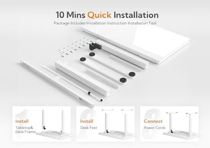 Claiks Glass Standing Desk with Drawers, 48×24 Inch Adjustable Stand Up Desk, Quick Install Home Office Computer Desk with USB Ports, White - WoodArtSupply