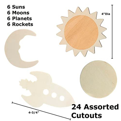 Pack of 24 Unfinished Wood Outer Space Cutouts by Factory Direct Craft - Suns, Moons, Rocket Ships & Planets Blank Wooden DIY Shapes for Scouts, - WoodArtSupply