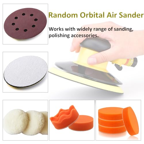 Professional Air Random Orbital Palm Sander, Dual Action Pneumatic Sander, Low Vibration, Heavy Duty … (5-inch Yellow)
