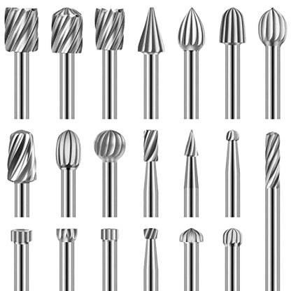 Engraving Router Bit Carving Bits, 20 PCS HSS Rotary Tool Accessories Rotary Bits Burr Set with 1/8’’(3mm) for DIY Woodworking, Carving, Engraving,