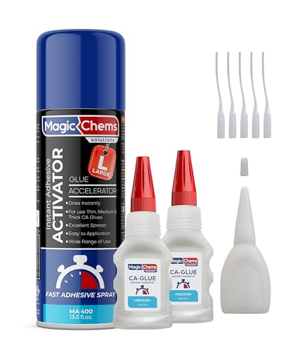 Magic Chems CA Glue with Activator (2 x 1.7 oz + 13.5 fl oz), CA Glue for Woodworking, Cyanoacrylate Glue and Activator, Super Glue for Wood (1 Pack) - WoodArtSupply