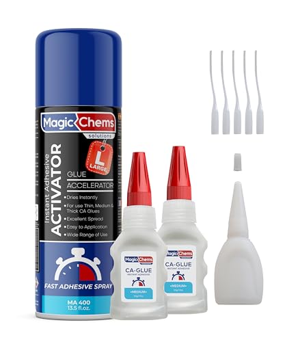 Magic Chems CA Glue with Activator (2 x 1.7 oz + 13.5 fl oz), CA Glue for Woodworking, Cyanoacrylate Glue and Activator, Super Glue for Wood (1 Pack) Magic Chems
