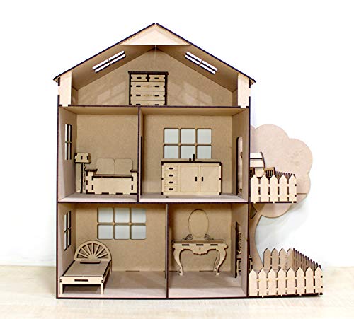StonKraft Wooden 3D Puzzle Doll House - Home Decor, Construction Toy, Modeling Kit, School Project - Easy to Assemble (Doll House with Furniture) StonKraft