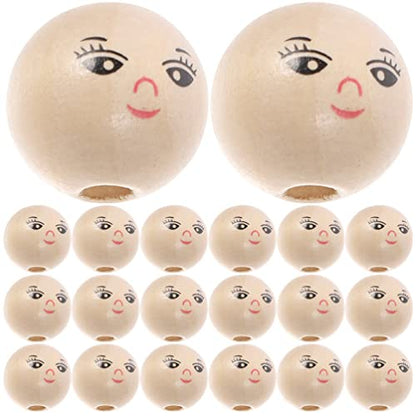 Ciieeo 50Pcs Round Wood Beads Smile Face Wood Loose Beads Bulk with Hole Doll Head Beads for Crafts Bracelet Necklace Jewelry Making 22MM