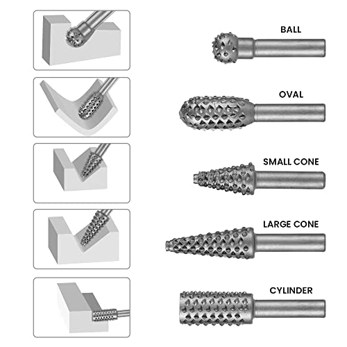 Hoteche Rotary Burr Set 5-Piece 1/4" Shank Carving Engraving Drill Bits Universal Fitment Rotary Tool Rasp Bits for Wood and Plastic Fit with Dremel, Hoteche
