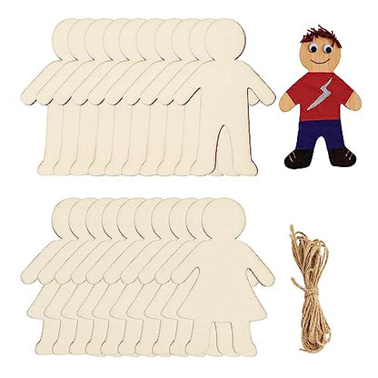 32 Pack Wood People Cutouts Wooden Kids Boy & Girl Hanging Ornaments DIY People Craft Boy & Girl Gift Tags for Home Party Decoration Craft Project