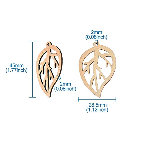 Pandahall 20Pcs Hollow Leaf Natural Wood Beads Pendants 45x28.5x2mm Unfinished Large Leaf Dangle Charms with Loop for Earring Bracelet Necklace