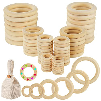 BigOtters Wooden Rings for Craft, Smooth Unfinished Wooden Ring 64 PCS 6 Sizes Natural Wood Circles for DIY Craft, Ring Pendant and Connectors - WoodArtSupply