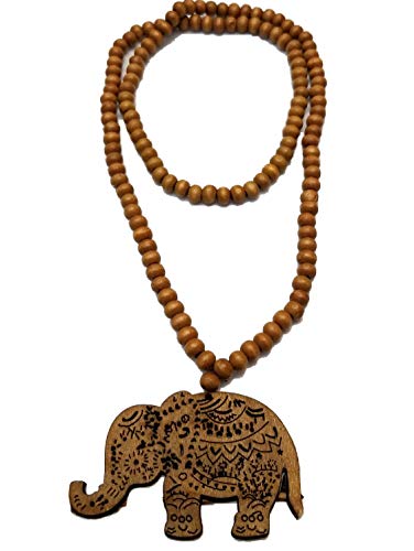 BUNFIREs Hand Carved Wood African Pendant Long Beaded Necklace Africa Elephant Lucky Charm Necklaces 28'' (Light Brown)