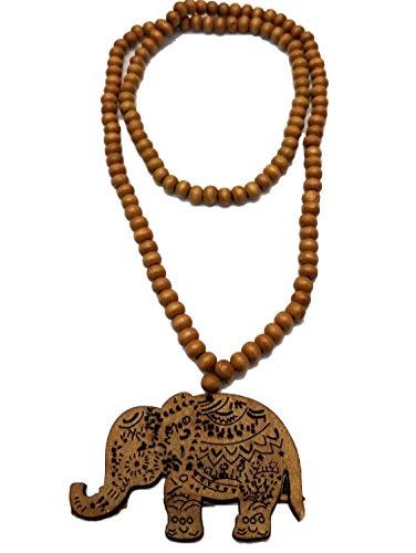 BUNFIREs Hand Carved Wood African Pendant Long Beaded Necklace Africa Elephant Lucky Charm Necklaces 28'' (Light Brown) - WoodArtSupply