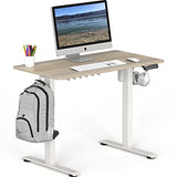 SHW Small Electric Height Adjustable Sit Stand Desk with Hanging Hooks and Cable Management, 40 x 22 Inches, White Frame and Maple Top SHW