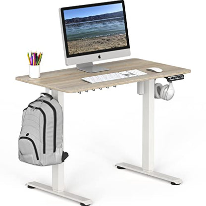 SHW Small Electric Height Adjustable Sit Stand Desk with Hanging Hooks and Cable Management, 40 x 22 Inches, White Frame and Maple Top - WoodArtSupply