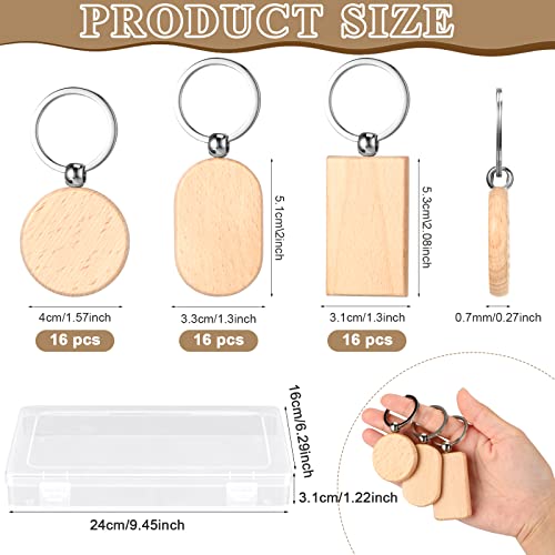 24 Pcs Wooden Keychain Blanks Wood Engraving Blanks Key Chain Unfinished Rectangle Oval Round Wood Key Tag with Plastic Storage Container for DIY Fumete