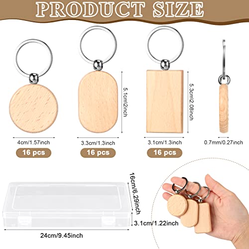 24 Pcs Wooden Keychain Blanks Wood Engraving Blanks Key Chain Unfinished Rectangle Oval Round Wood Key Tag with Plastic Storage Container for DIY