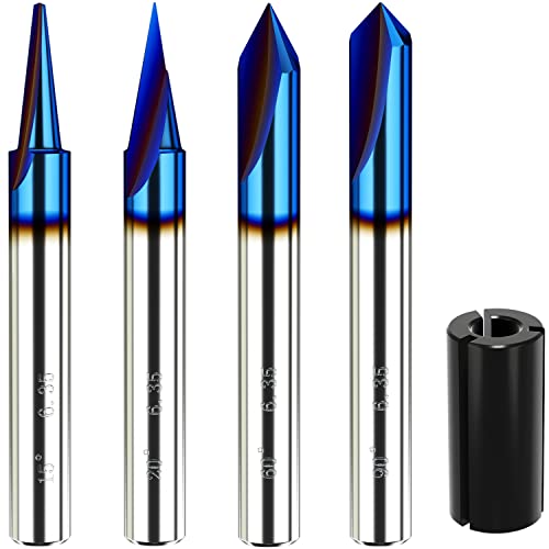 Engraving CNC Wood Carving Router Bit Set 1/4 Inch Shank 15°, 20°, 60°, 90° Engraving Bits with Nano Blue Coated, 2 Flutes Straight CNC V-bit Carzces