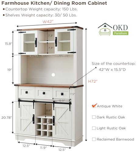 OKD Farmhouse Bar Cabinet with Sliding Barn Door, 72" Rustic Buffet with Hutch with Wine and Glasses Rack, 3 Drawers, Storage Shelves, Sideboard - WoodArtSupply