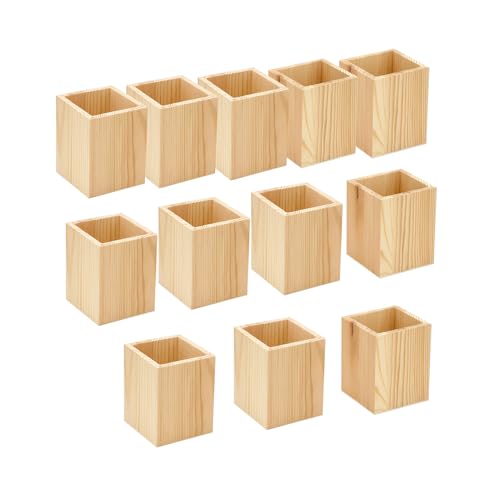 Cregugua 12 Pack Wood Pen hlolder Unfinished Wooden Pencil Holder for Homemade DIY Crafts (3"x3"x4") Cregugua
