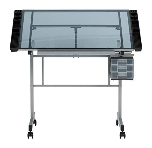Studio Designs Vision Craft and Drawing Station - 35.5" W by 23.75" D Silver-Blue Glass Top Drafting Table with Pencil Drawers, Side Trays, & SD Studio Designs