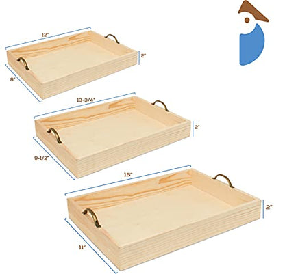 Unfinished Wood Nesting Serving Trays with Handles, Set of 3, Play Tray for Crafting, Resin, Organizing, & DIY Décor, by Woodpeckers