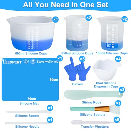 Teexpert Silicone Resin Measuring Cups Tool Kit-Reusable Resin Supplies with 100&250&600ml Measure Cups, Stirring Rods, 19.7" x 27.5"Silicone Mat for Teexpert