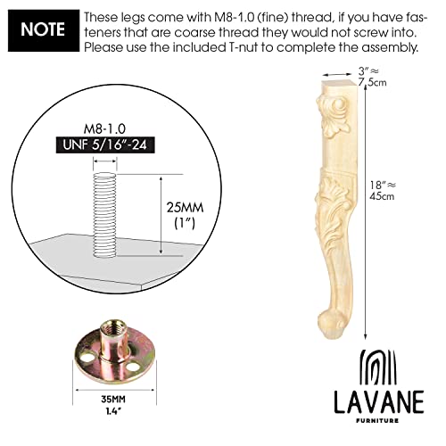 La Vane 18 inch / 45cm Wooden Furniture Legs, Set of 4 European Style Solid Wood Carving Unfinished Furniture Replacement Feet Decoration for Sofa La Vane