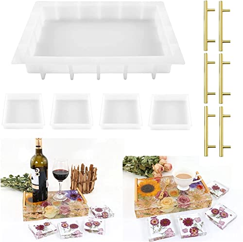 13.5" Rectangular x 2" Deep Large Tray Mold and 4 Deep Resin Coaster Molds and 3 Pairs Gold Handles, Silicone Tray Board Table Clock Mold for Epoxy ModWgGuo