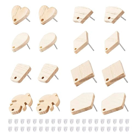 Craftdady 16 Pairs Unfinished Wood Stud Earring Posts Findings Heart Teardrop Leaf Wooden Earring Blanks Earring Making Supplies with Earring Backs Craftdady