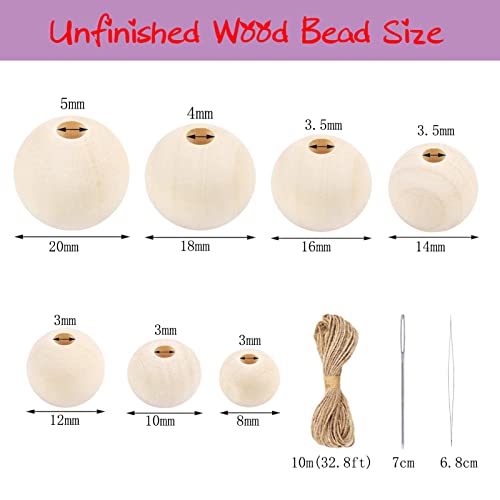 150Pcs Unfinished Wood Beads Bulk with Large Holes for Crafts, 18mm Natural Round Wooden Beads with 10m Jute Rope Beads Needle for Garland Jewelry - WoodArtSupply