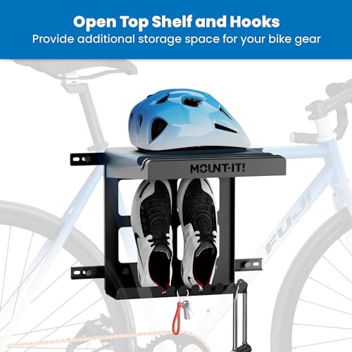 Mount-It! Bike Wall Mount Rack with Shelf and Hooks, Horizontal Indoor Bike Rack Garage Home, Space Saving Wall Mounted Hanger for a Single Road, - WoodArtSupply